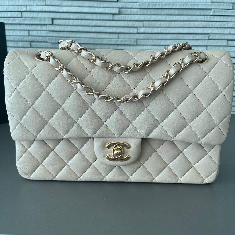 Chanel Beige Lambskin Leather Medium Double Flap Classic Bag